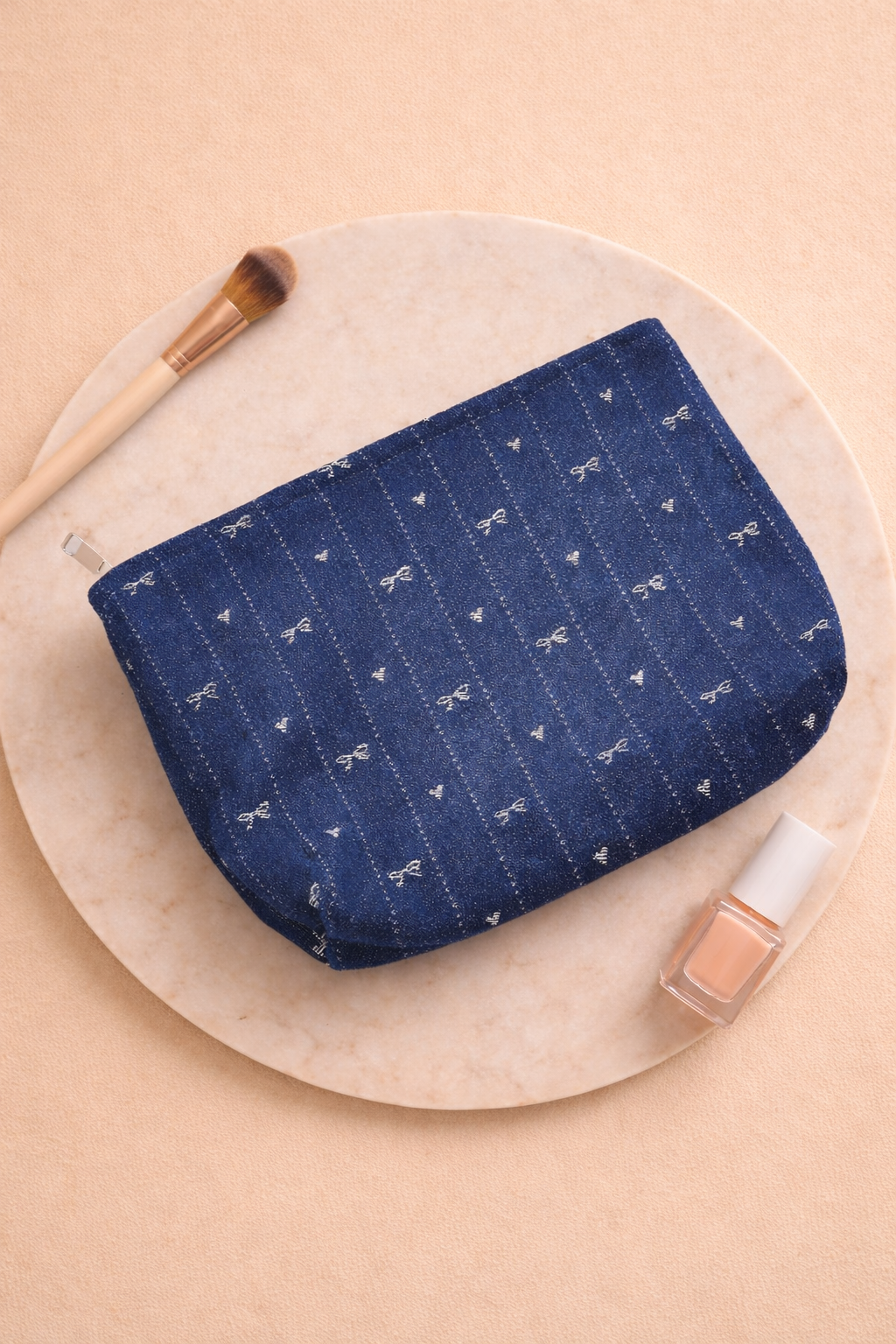 Kosmetiktasche Denimlook mit Schleifen