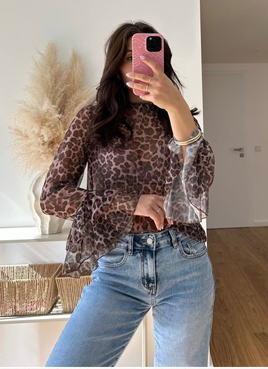 Transparente Leo Bluse mit Rüschen Ärmel